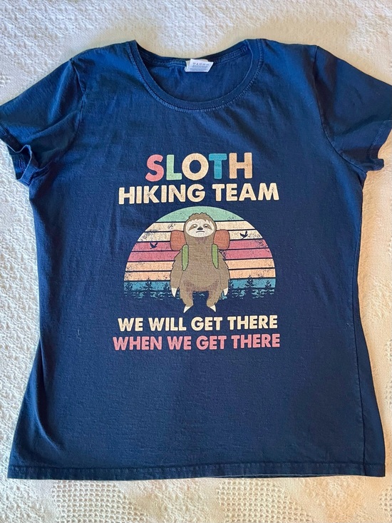 Fruit of the Loom Tops - Sloth Hiking Team Women’s Fitted Crewneck T-Shirt in Blue
